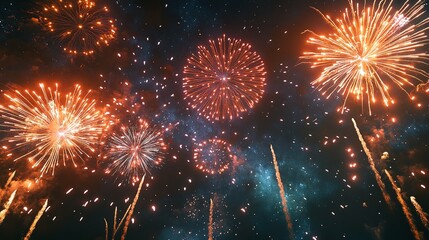 Brilliant fireworks illuminate the night sky with vibrant colors and dazzling patterns of light bursts