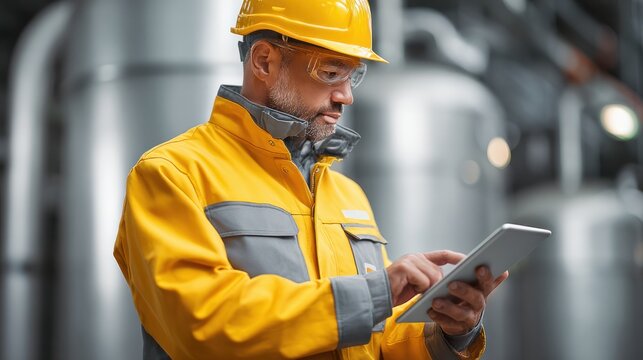 Industrial worker using tablet manufacturing plant digital monitoring modern environment focused viewpoint technology integration - Powered by Adobe