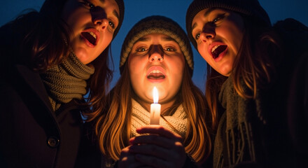 Three young women singing together while holding a candle in the dark winter evening