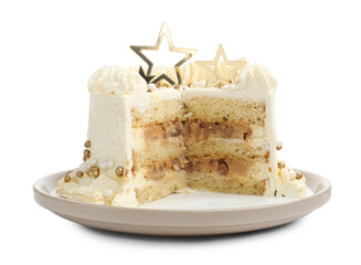 Delicious cake with Christmas decor isolated on white