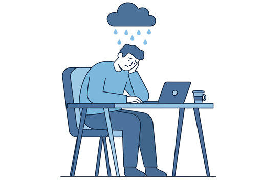 A sad, tired man sits at his desk under a personal rain cloud, symbolizing depression, stress, and work burnout.