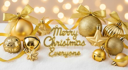 Elegant golden Christmas decorations and ornaments on a festive holiday background