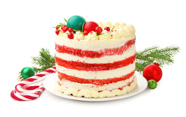 Delicious sponge cake with Christmas decor and red currants isolated on white