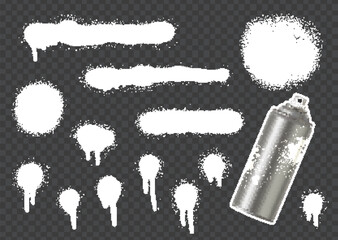 Spray paint streaks and drips with metallic aerosol can on transparent background.