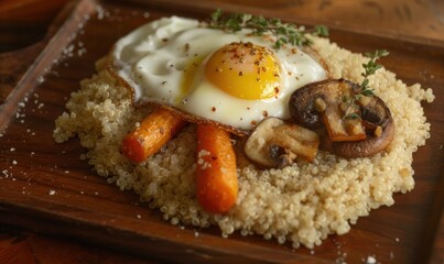 Savory quinoa breakfast bowl with fried egg and roasted vegetables
