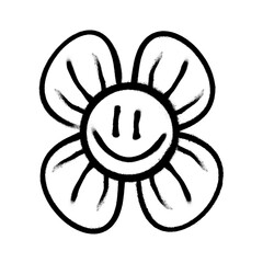 Smiling flower doodle with bold black lines on white background concept art.