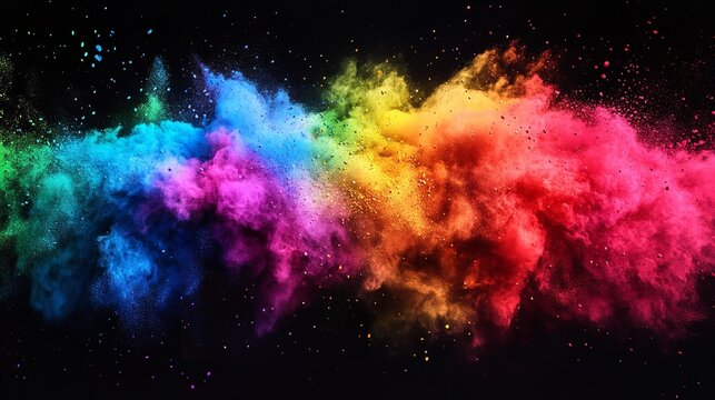 An explosion of vibrant powder paint against a black background creates a dynamic and colorful composition