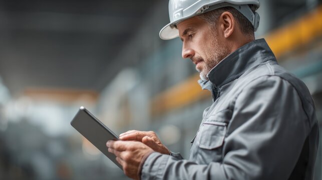 Industrial worker using tablet for project management factory floor digital content professional environment focused viewpoint efficiency concept