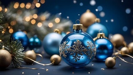 Christmas ornaments in blue and gold with sparkling lights and greenery creating a festive atmosphere Generative AI