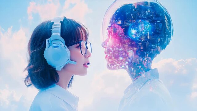 Young individual wearing headphones and spectacles contemplating glowing, ethereal digital construct under serene sky