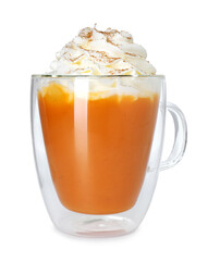 Tasty pumpkin latte with whipped cream in glass cup isolated on white