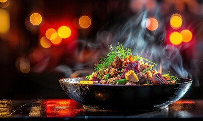 Steaming bowl of delicious food with fresh herbs on dark blurred background