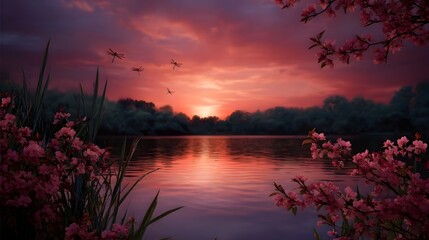 Serene lake at sunset with pink blossoms and dragonflies