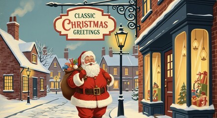 Vintage Christmas Greetings with Santa in a Snowy Town