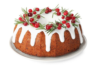 Tasty Christmas cake with icing, cranberries and rosemary isolated on white