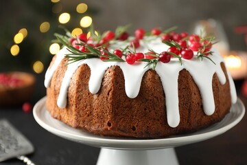 Tasty Christmas cake with icing, cranberries and rosemary on black table against blurred lights, closeup
