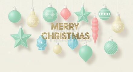 Pastel colored Christmas baubles hanging with a festive Merry Christmas greeting