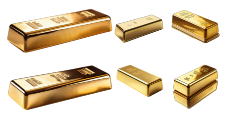 Various Gold Ingots and Bars Displayed on a White Background, PNG bundle collection, Isolated on Transparent Background