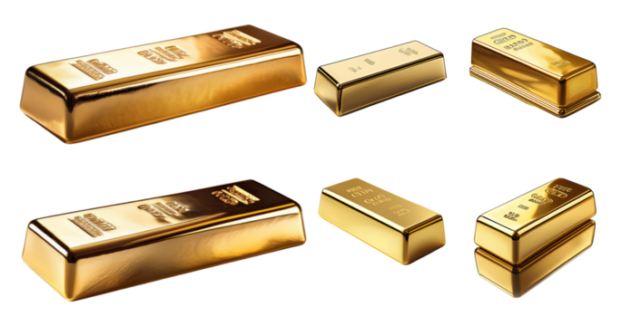 Various Gold Ingots and Bars Displayed on a White Background, PNG bundle collection, Isolated on Transparent Background