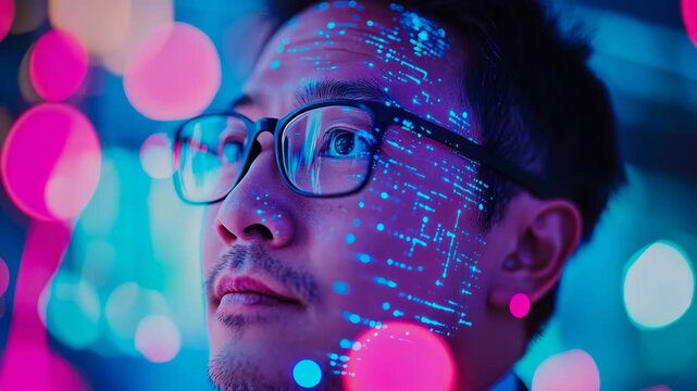 Intriguing close-up of man's face illuminated by glowing blue data streams, surrounded by vibrant pink and blue digital bokeh lights, evoking sense of future innovation