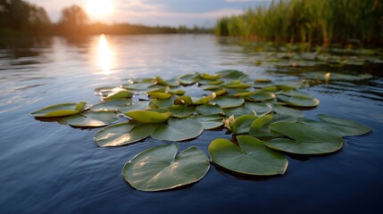 A cluster of vibrant green lily pads floats peacefully on the calm surface of a serene lake at sunset with the golden sun reflecting on the water