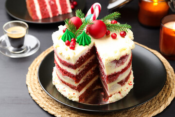 Tasty cake with Christmas decor on black table, closeup