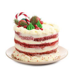 Tasty cake with Christmas decor isolated on white