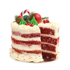 Tasty cake with Christmas decor isolated on white