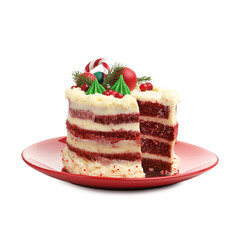 Tasty cake with Christmas decor isolated on white