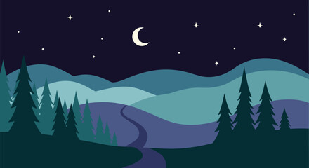 Naklejka premium A beautiful flat vector illustration of a night landscape with rolling hills, a winding path, pine forest, and a crescent moon in the starry sky