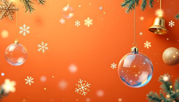 Colorful Christmas decorations hang against an orange background, creating a festive atmosphere filled with light and cheer during the holiday season Generative AI - Powered by Adobe