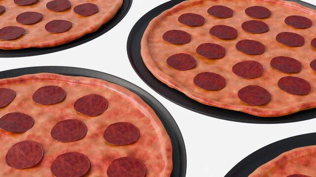 A 3d rendering of close-up, dynamic arrangement of multiple pepperoni pizzas. The pizzas are placed on black, round baking pans against a white background.