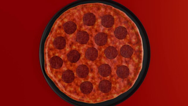  A 3d animation of spinning classic pepperoni pizza set against a dark red background emphasizing the perfect circular form.