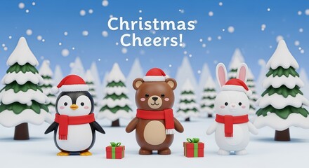 Adorable 3D animal characters celebrating the winter holidays in a snowy scene