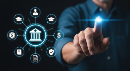 Fototapeta premium Man touching a digital interface with banking and finance icons