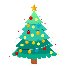 Joyful Christmas Holiday Tree with Ornaments, Star, and Lights on Transparent Backdrop Season Greetings Celebration, Illustration, Decoration Fun..