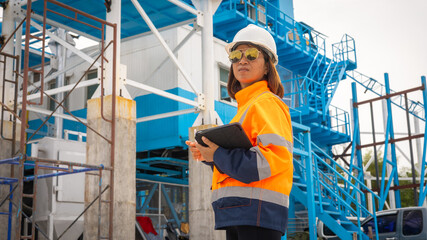 A supervisor stands at a construction site, wearing an orange reflective jacket and white hard hat. She is reviewing plans on a tablet, ensuring safety and efficiency