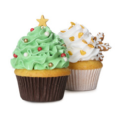 Festively decorated Christmas cupcakes isolated on white