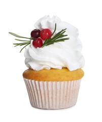Tasty cupcake with Christmas decor isolated on white