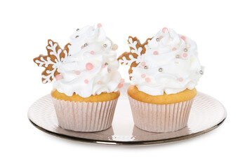 Tasty cupcakes with Christmas decor isolated on white