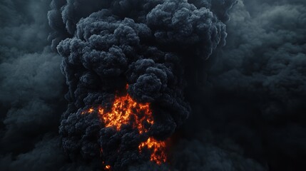 A powerful and ominous view of a massive cloud of black smoke with intense orange flames erupting within