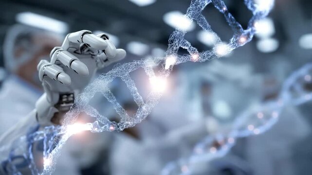 High-tech futuristic lab where scientists analyze holographic DNA simulations projected in neon glow, supported by robotic assistants and AI computation, representing medical research,