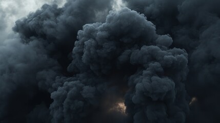 A dramatic and imposing view of a large, dense cloud of dark smoke filling the frame with faint light