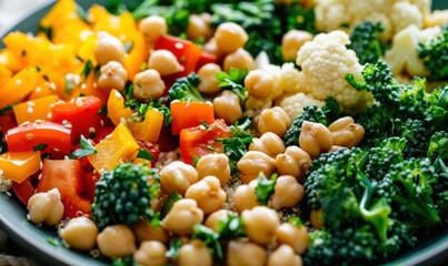 Vibrant vegan bowl with chickpeas broccoli cauliflower and colorful bell peppers