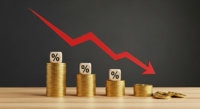 Percentage decrease concept with red arrow and wooden blocks on stack of coins