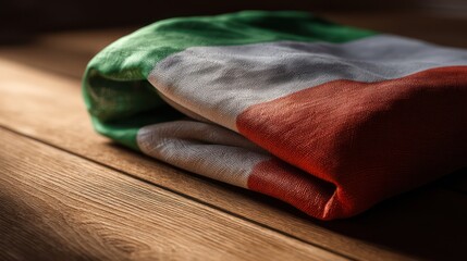 Italy flag lying flat on smooth wooden surface, natural grain beneath translucent fabric. Controlled studio lighting enhances texture
