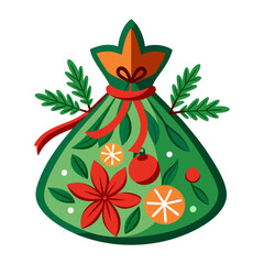Whimsical Holiday Sack Vector Illustration with Floral and Ornament Details on Transparent Backdrop. 