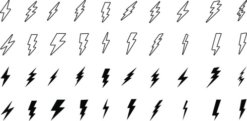 Set of black and white lightning bolt icons, various electric power and energy flash symbols, minimalist thunder shapes collection for electricity, weather, or technology design elements.