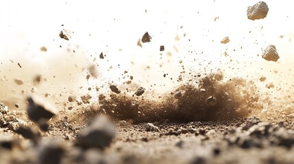 Close up of dirt and rocks exploding in the air on a bright, sunny day