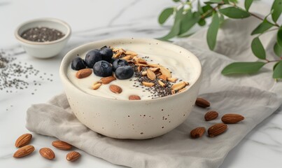 Yogurt bowl with berries almonds and seeds for healthy breakfast concept